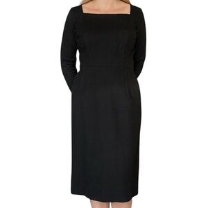 Vintage Black Midi Sheath Dress Square Neck Minimalist Made with Italian Fabric